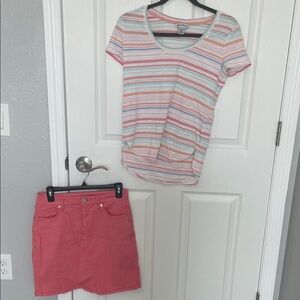 Tommy Bahama Pink and White Striped Top and Pink Skirt Set